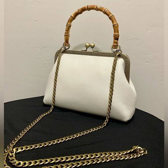 Handsewn Genuine Pebble Leather Real Bamboo Handle Bag - Picture 8 of 13